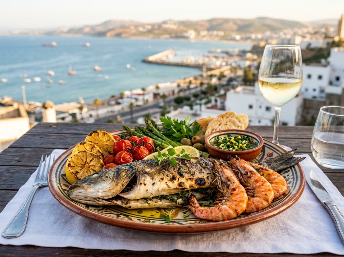 Plat signature de fruits de mer grillés servi face à la baie de Tanger